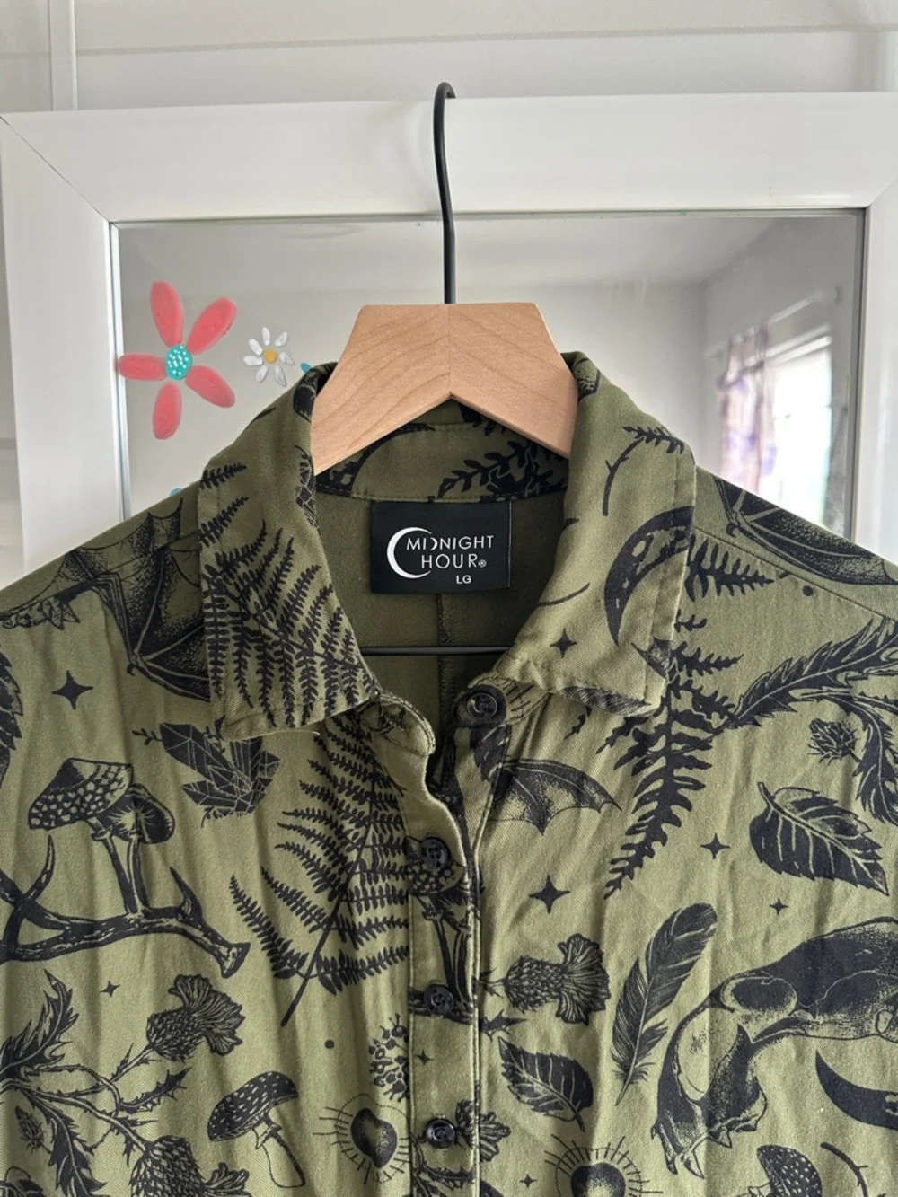 Crescent Moon Olive Green Button-Front Shirt Dress by Midnight Hour - Picture 4 of 9